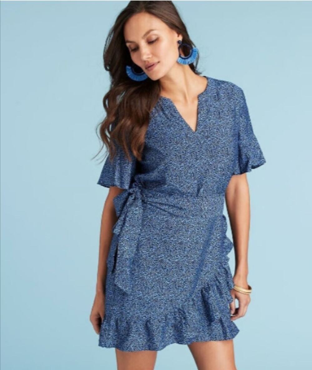 NWT Vineyard Vines Painted Shells Wrap Dress Blue Silk Blend Ruffle Size 0
